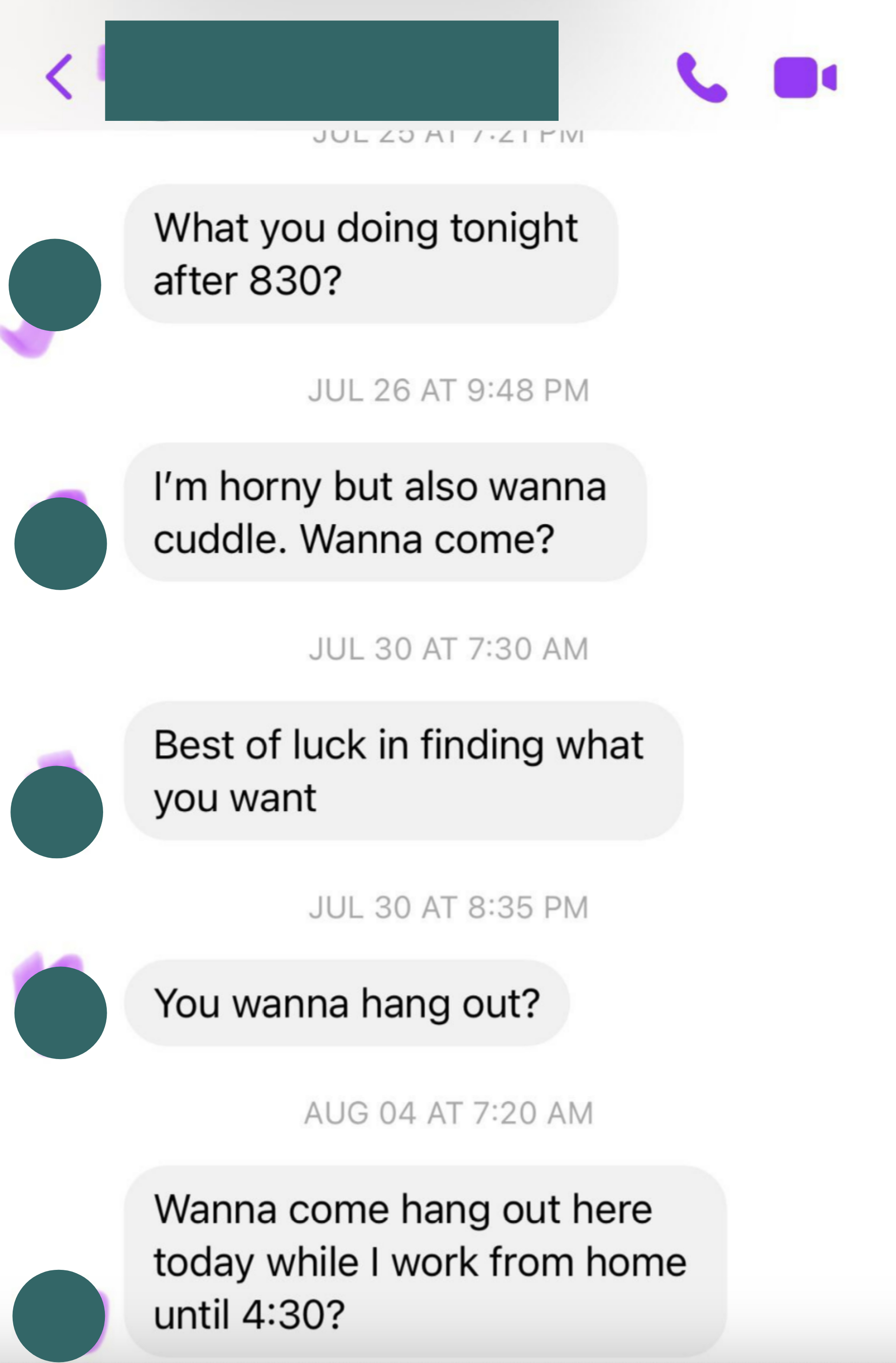 Text conversation showing various messages from different dates, with a guy asking to meet up repeatedly with no reply