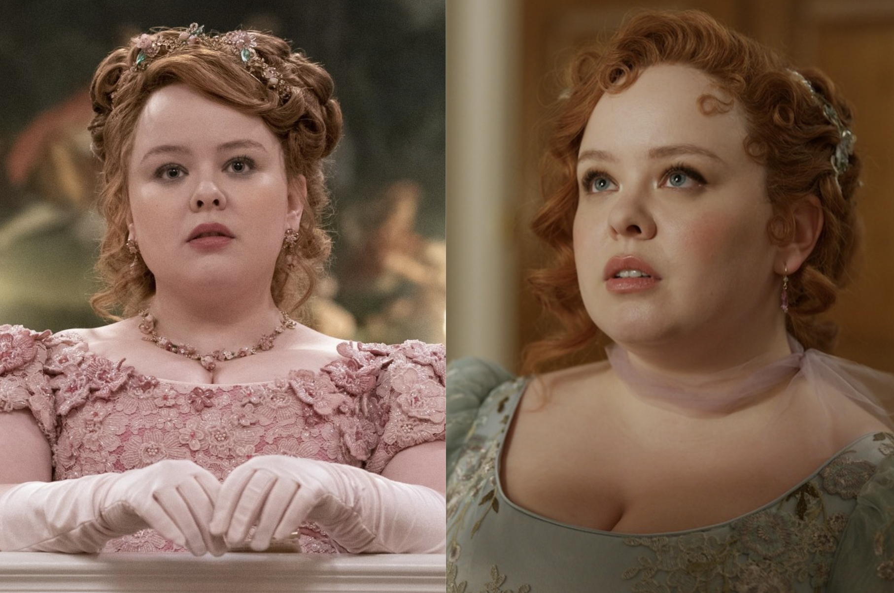 Nicola Coughlan aparece en dos escenas de época de la serie, con vestidos elaborados y peinados clásicos