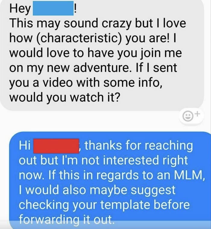 The initial message invites the recipient to join a new adventure and asks if they would watch an info video; the response declines the invitation and suggests checking the template used