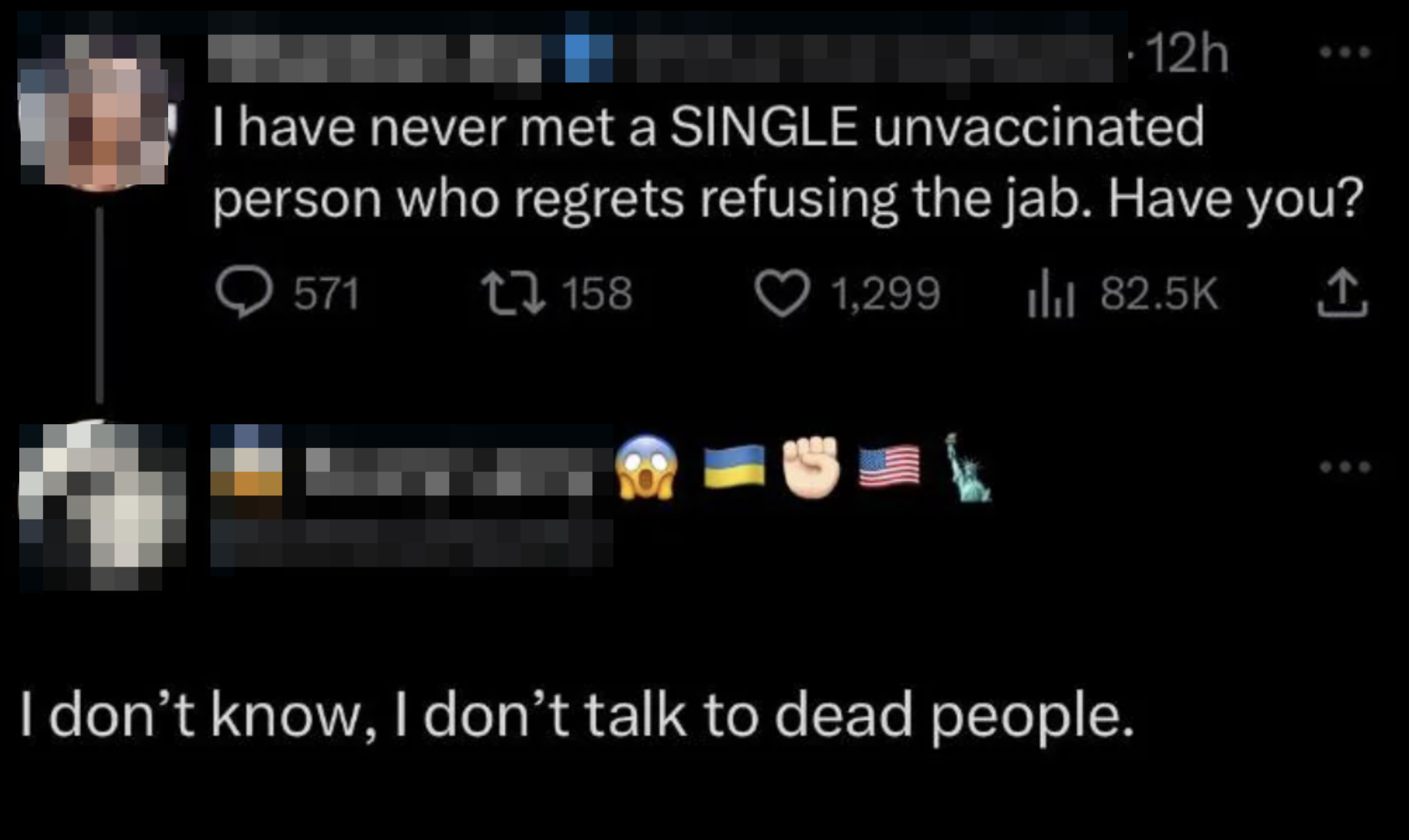 Tweet exchange: User expresses regret refusing vaccine, another comments on not talking to deceased