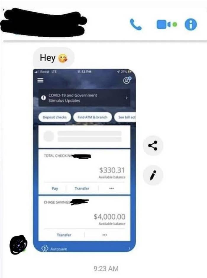 Text message saying "hey" with a flirty emoji and a screenshot showing a bank account balance with $330.31 in checking and $4,000.00 in savings