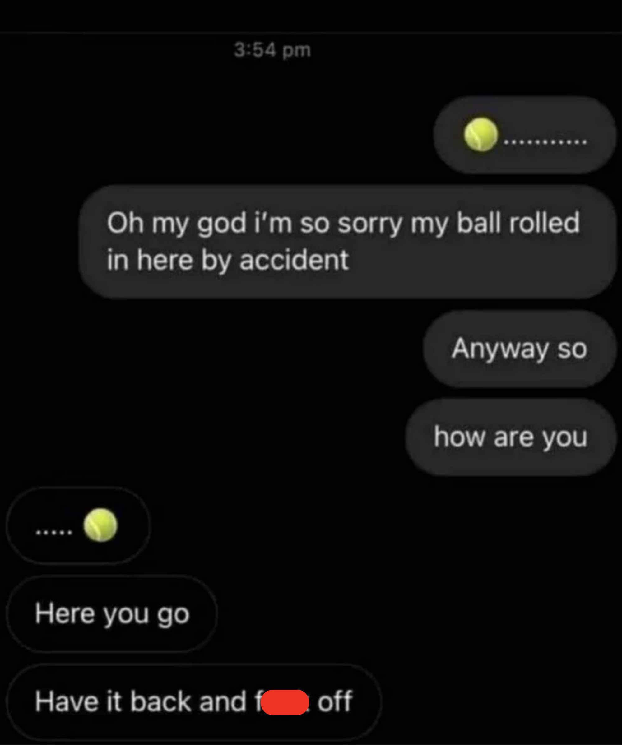 A text message conversation where a tennis ball emoji appears twice: the sender apologizes for the ball, asks how the recipient is, then the recipient tells them to take it back and "have it back and f*** off"