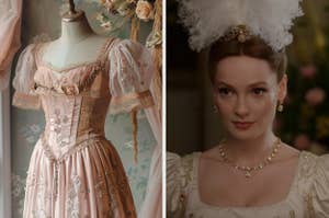 A detailed historical dress on a mannequin beside a portrait of Phoebe Dynevor in a period-appropriate gown, wearing a matching pearl-adorned necklace and earrings