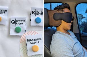 a pack of bed sheet labels / a reviewer wearing a headrest and eye mask combo