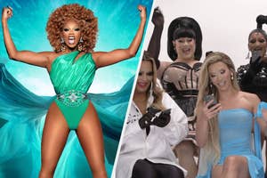 RuPaul in an elaborate green gown poses confidently. Right: Trixie Mattel, Kim Chi, and Aquaria in glamorous outfits, and Gigi Gorgeous in a blue gown, smiling at her phone