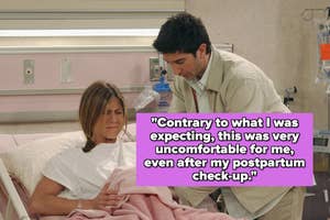 Rachel Green in a hospital bed, Ross Geller standing beside her, both from the TV show Friends