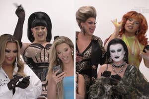 Drag queens Eureka O'Hara, Jiggly Caliente, Laganja Estranja, Alyssa Edwards, and Manila Luzon are laughing and using their phones, wearing glamorous outfits