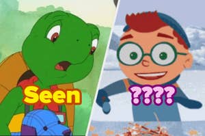 Franklin the turtle and one of the "Little Einsteins" with text "Seen" and "????"