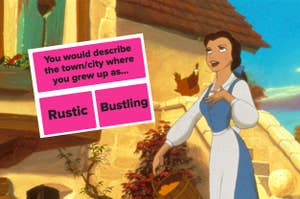 Belle from "Beauty and the Beast" holds a basket with a chicken in the background. Text above a poll asks if the town/city where you grew up was rustic or bustling