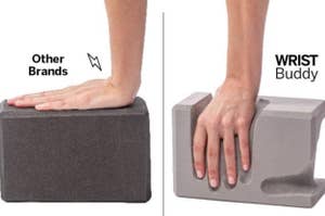 one hand on regular square yoga block that strains wrist / other hand on wrist buddy block that contours to hand for optimal wrist comfort