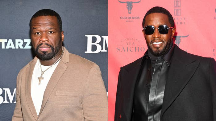50 Cent in a beige suit with a cross necklace on the left, and Sean Combs in a black outfit with sunglasses on the right at a red carpet event