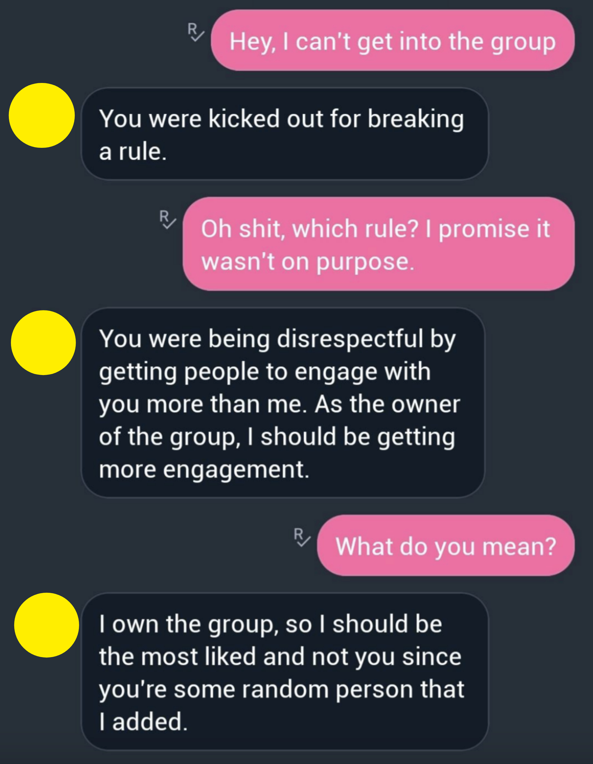 A chat conversation. One person says they were kicked out of a group for being disrespectful, and the group's owner wants to be the most liked person in the group