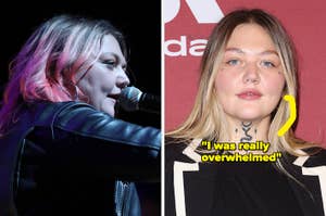 Elle King performs into microphone vs a closeup of Elle King