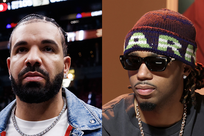 Drake in a denim jacket with a white shirt, next to a man wearing sunglasses, a knit cap, and a necklace