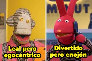 Dos personajes de una serie de televisión: un mono con botones por ojos y un conejo rojo con rayas. Texto: "Leal pero egocéntrico" y "Divertido pero enojón"