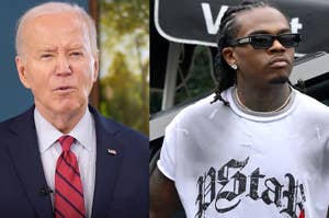 President Joe Biden speaks in a suit next to rapper Gunna in casual streetwear and sunglasses