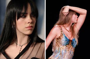 Side-by-side of Billie Eilish in sheer top with layers, and Taylor Swift in a sequined outfit