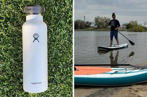 Person on a paddle board with oar on water, next to a Hydro Flask water bottle image