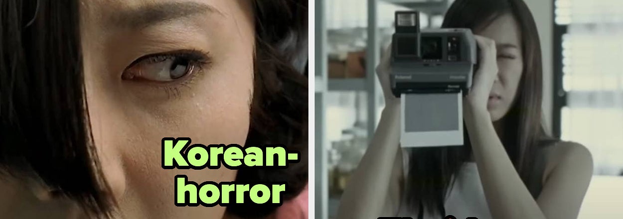 Split image of close-up of woman from Korean horror and another woman in Thai horror holding a Polaroid camera