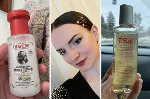 Person holding Thayers toner, another showing decorative hair pearls, and Neutrogena T/Sal bottle
