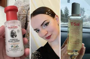 Person holding Thayers toner, another showing decorative hair pearls, and Neutrogena T/Sal bottle