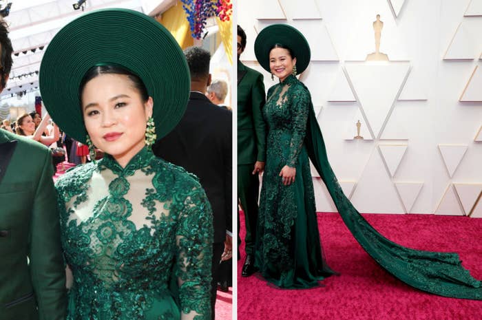 Woman successful  elaborate greenish  gown with matching chapeau  connected  reddish  carpet