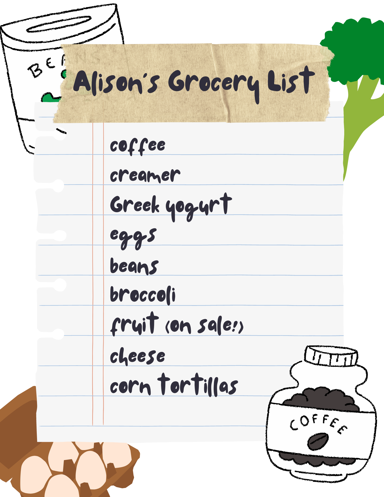 Handwritten grocery list including items like coffee, Greek yogurt, and eggs, with doodles of a coffee cup and jar