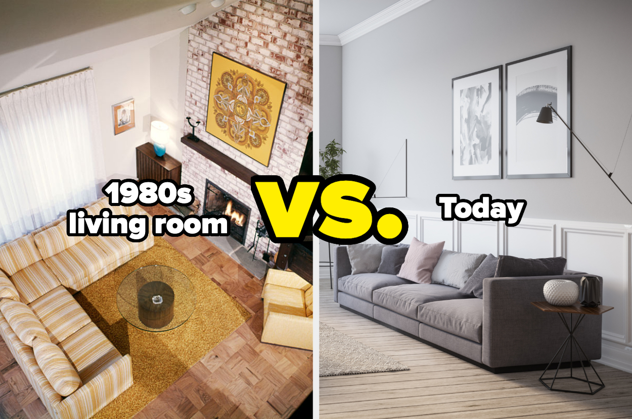 Comparison of a cluttered 1980s living room with brick fireplace to a minimalist, modern living room with a gray couch. Text: &quot;1980s living room VS. Today&quot;