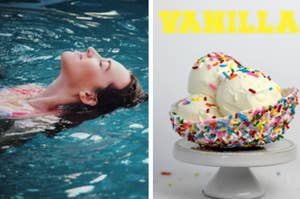 A girl floating face up in a pool, with her eyes closed. Beside that image, is another image of a bowl of vanilla ice cream