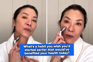Woman uses a facial roller on her skin, text asks about a health habit to start earlier