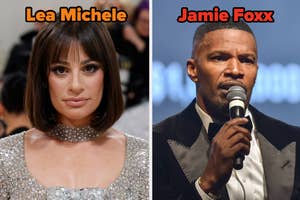 Lea Michele wearing a sparkling gown with sequins vs Jamie Foxx speaks with a microphone