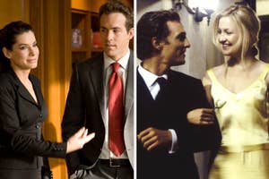 Sandra Bullock and Ryan Reynolds in professional attire on the left; Matthew McConaughey and Kate Hudson in formal attire on the right.
