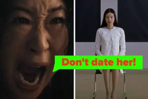 A split image showing a close-up of a distressed Michelle Yeoh on the left and a seated, calm-looking woman at an audition on the right