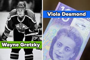 Wayne Gretzky playing hockey in uniform on the left, and a Canadian $10 bill featuring Viola Desmond on the right