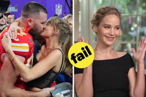 Travis Kelce and Taylor Swift kiss at the Super Bowl vs Jennifer Lawrence speaks with her hands in an interview