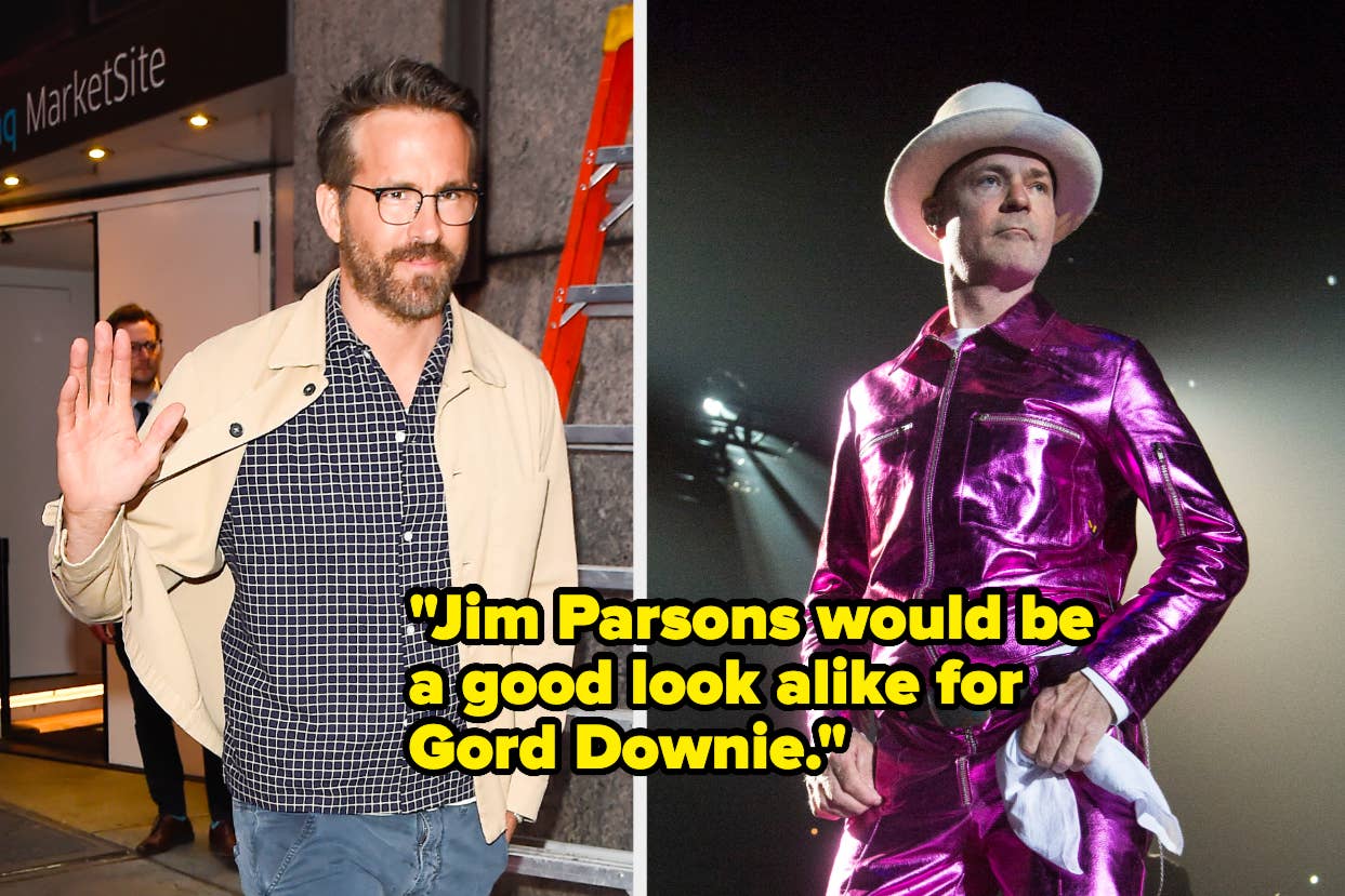 On the left, Ryan Reynolds waves while walking. On the right, Gord Downie performs on stage in a shiny outfit and hat. Text reads, "Jim Parsons would be a good look alike for Gord Downie."