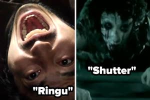 Split image; left side shows a close-up screaming man, right side shows a creepy figure