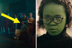 On the left, Ariana DeBose stands in a crowd. On the right, a child with green skin and glasses from "Wicked" looks determined