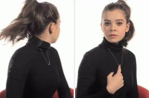 Hailee Steinfeld in a black turtleneck with a ponytail, seen from the side in one image and looking forward in the other