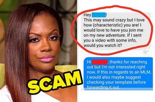 Kandi Burruss next to a text message exchange highlighting a scam attempt and a refusal