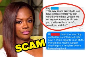Kandi Burruss next to a text message exchange highlighting a scam attempt and a refusal