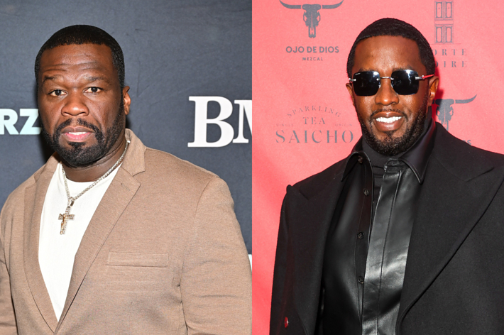 50 Cent in a tan suit and white shirt next to Sean "Diddy" Combs in a black coat and turtleneck, both at media events