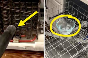 Left: A person unclogs a dishwasher drain. Right: A clear bowl in a dishwasher