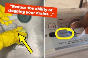Person wearing gloves cleaning a washing machine filter next to close-up of the machine's settings. Text hints at maintenance tips