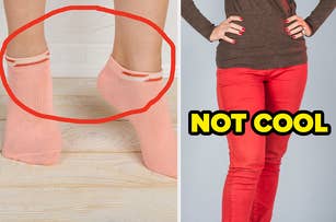 Two images side by sid: The left shows feet in ankle socks with a red circle around them; the right shows a person wearing red skinny jeans with the text "NOT COOL."