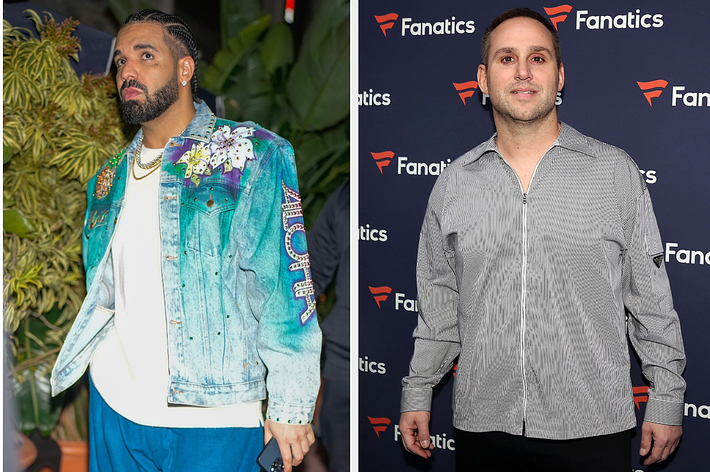 Drake in a detailed denim jacket and white shirt, next to Michael Rubin in a checkered shirt at a Fanatics event. Both are standing and posing for photos