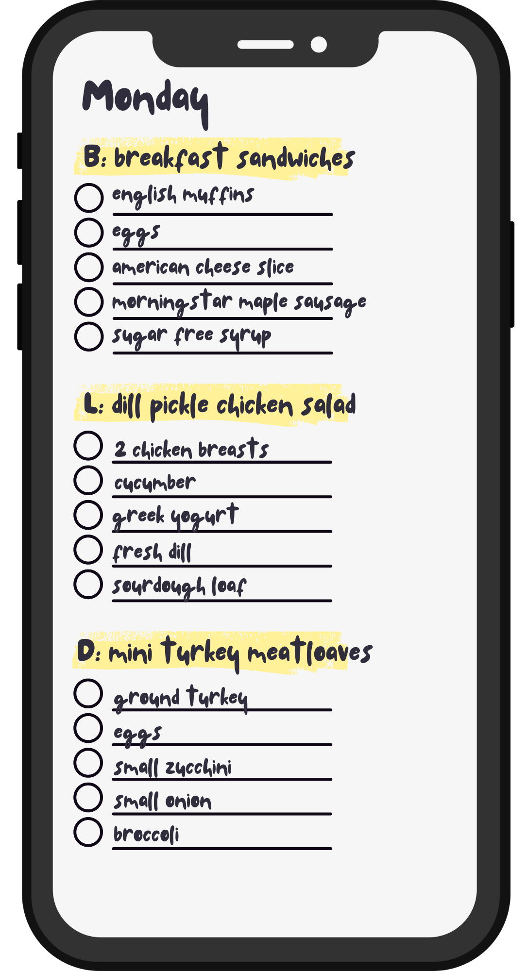 Handwritten grocery list on mobile phone for breakfast sandwiches, dill pickle chicken salad, and turkey meatloaves