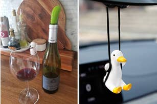 A wine glass with red wine, a bottle, and a decorative seagull ornament hanging from a string