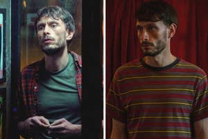 Richard Gadd in a plaid button-up on top of a gray t-shirt while standing in a phone booth and a striped shirt in a side-by-side photo