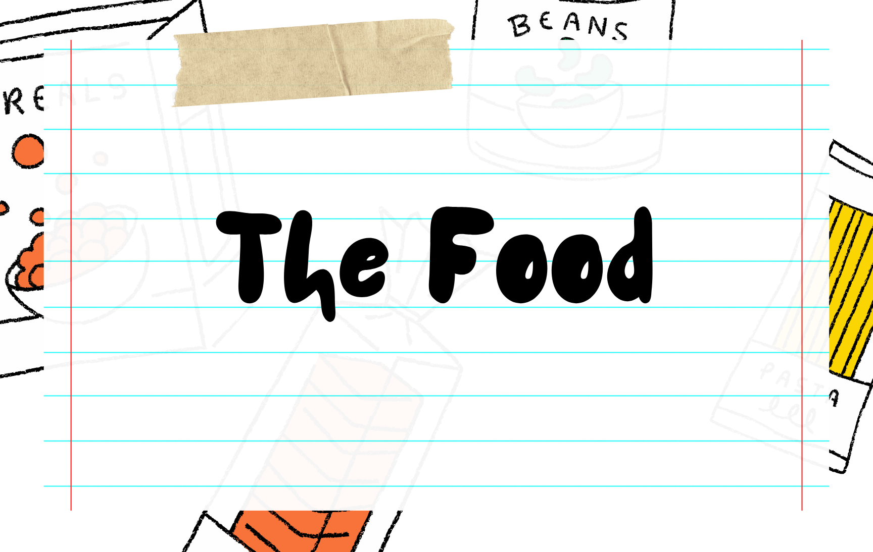 Illustration with "The Food" written centrally, surrounded by various drawn food-related items and designs